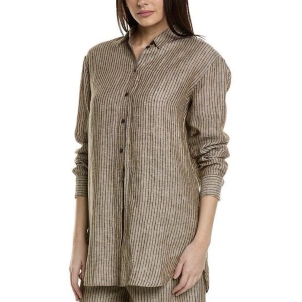 Boden Women's Shirt Size 6 Petite Linen Button Up Relaxed Lurex Striped Metallic